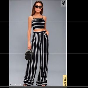 Lulu’s navy blue and white striped jump suit